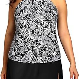 Women Two Piece Plus Size Tankini with Skirt Tummy Control Bathing Suits High Neck Swimsuits-image-53
