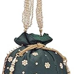 Potli Bags for Ladies & Girls | Women Shagun Pouches for Festive Seasons | Batwa Bag Bridal Purse with Moti Design - Dark Green-image-26