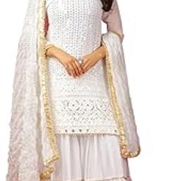 Women's Faux Georgette Embroidered Traditional Straight Kurta with Sharara and Dupatta Set-image-52