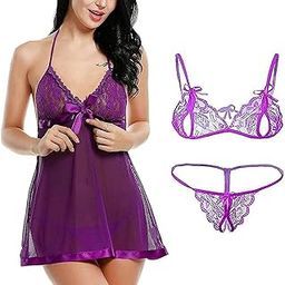 Women Net Above Knee Baby Doll Nightwear Lingerie Set | Sexy Night Dress | Hot Lingerie for Women | Nighty for Girls | Seductive Bra Panty Set for Honeymoon Sex (Purple)-image-15