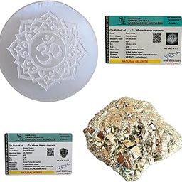 FENGSHUI AGATE Products Natural Selenite Crystal Charging Plate with Om Mandala Design and Pyrite Stone Set, Lab Certified for Reiki Healing, Bussiness,Wealth Creation.-1