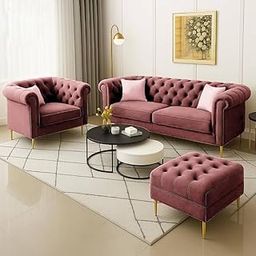 Modern Chesterfield Velvet Sofa Set, 3-Seater with Armchair and Footrest, Design in 3+1+Footrest Button Tufted Gold Metal Legs for Living Room, Hallways. (Ashrose)-image-45
