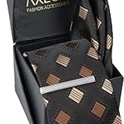 Tie for Men – Checkered Silk Neck Ties Set with Cufflinks Flower Pin, Pocket Square & Black Gift Box, Combo Necktie Sets for Office Wear, Formal Suits (Royal Black & Gold, NXSMX_5)-picture-34