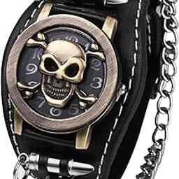 Mens Wrist Watch, Steampunk Retro Skull Watches, Stainsteel Flip Open Watch, Leather Cuff Bracelet Watch, Analog Quartz Wide Band Wristwatch for Men Women, Bronze, casual-image-66