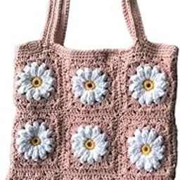Handmade Crochet Granny Square Tote Bag - Pale Pink and White Daisies - Fabric Lined-image-32