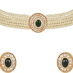 Gold Plated Traditional Handcrafted Stone Pearl Choker Necklace Jewellery Set With Earrings For Women And Girls-image-82
