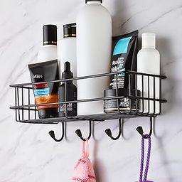 Zulaxy Self-Adhesive Multipurpose Bathroom Shelf with 4 Hooks | No-Drill Wall Mounted Storage Rack for Kitchen & Bathroom (Black, Pack of 1)-image-69