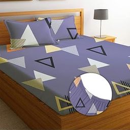 NEW LEAF Premium Cotton Elastic Fitted Bedsheets with 2 King Size Pillow Covers | Double Bed with All Around Elastic 180 TC Supersoft |Size-72 King Sizex78+10 inches | Abstract, Light Purple-image-0