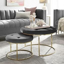 Right Choice Furnish Round Coffee Table Iron & Velvet Large for Living Room, Button Tufted Cocktail Ottoman Coffee Table with Velvet Padded Seat (Set of 2) (Black)-20
