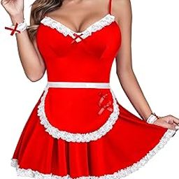 Women Maid Costume Outfits Sexy Roleplay Lingerie Sleepwear Dress with Choker Honeymoon/Velantine's Day/Aniversery/Christmas (Free Size, Red),Lace material-image-10