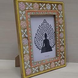 Handcrafted Floral Pattern Picture Frame, 5x7 inch Photo Size, Gold Painted Wooden Frame with Traditional Design-image-71