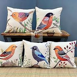 Maple Craft 5 Bird Canvas Cotton Cushion Cover 16X16 inches, Set of 5 Pieces, Multicolour-20