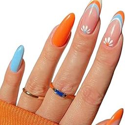Secret Lives Premium Reusable Artificial Press on Nails Fake Nails Glossy Orange Greyish Blue Skin Color 24 Pieces Set with Manicure Kit-image-64