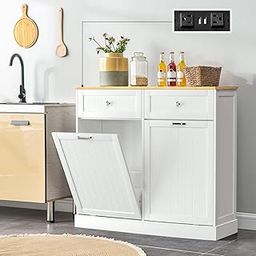GAZHOME 10 Gallon Double Tilt Out Trash Cabinet with Charging Station, Upgrade Wooden Free Standing Trash Cabinet with Outlet,Recycling Cabinet with Hideaway Drawer (White)-picture-10