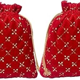 2 Pc Large size Red potli for festival gifting| indian gift pouches for return gifts set, reusable party favor bags, bridal shower indian wedding bags, velvet drawstring Women handbag Purse by Dulhan-image-53