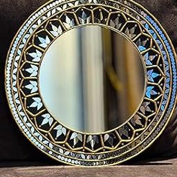 Decorative Round Wall Mirror, Black and Gold Lippan Art, Traditional Indian Design-image-43