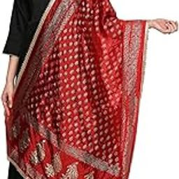 Women's Gold Printed Red Silk Dupatta, free size-image-43