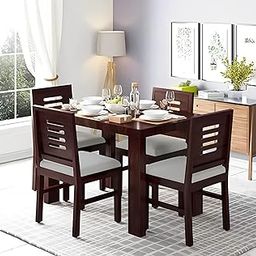 Solid Sheesham Wood Four Seater Dining Table with 4 Cushion Chairs for Living Room Home| Wooden 4 Seater Dining Table Set for Office Restaurant | Warm Chestnut | L45 X W30 X H30-22