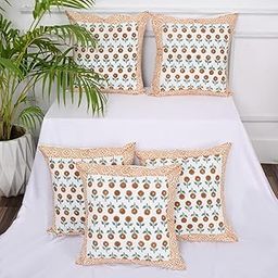 JGD Product Pack of 5 Yellow Printed Sanganeri Print Hand Block Fabric Decorative Cushion Cover for Sofa, Living Room, Party & Home Décor, 16X16 Inch-image-42