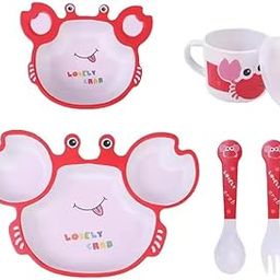 AASHRIT 5 Piece Mealtime Bamboo Dinnerware for Baby Kids-Toddler, Set of Plate-Bowl Cup and Spoon-Baby Feeding Utensils for Kid, Eco Friendly and Dishwasher Safe, Great Gift for Birthday (Crab)-image-21