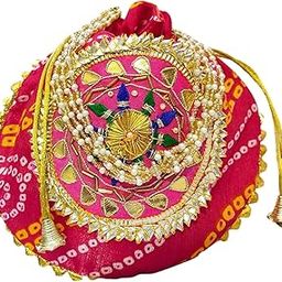 gota patti Red bandhej Potli Bag Golden work wedding potli for ladies Gift for women handbags-image-42