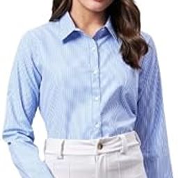 Women Self Design Stripe Blue and White Polycotton Formal Shirt-picture-17