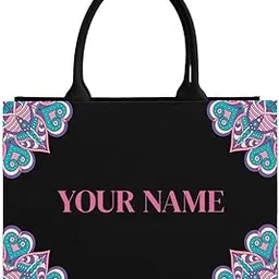 rerden Personalized Canvas Tote with Flowers ? Black Shopping Bag with Colorful Folk Design-picture-0