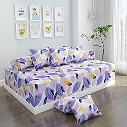 Super Soft Diwan Set Covers Cotton 8 Pieces Pure Cotton Designer Printed Standard Diwan Set (1 Single Bedsheet, 2 Bolster Covers, 5 Cushion Covers) (Multi Leaf)-image-6