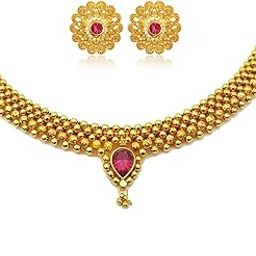 Traditional Wedding Maharashtrian Kolhapuri Thushi Necklace Saaj Thushi Mangalsutra Pendant Locket Necklace Set Jewellery Set with Jhumki Earring Combo-image-55