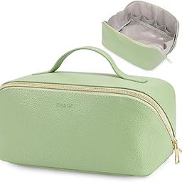 WANDF Portable Cosmetic Bag Opens Flat Travel Makeup Bag Vegan Leather Zipper Pouch Large Capacity Cosmetic Organizer For Women, Avocado-picture-14