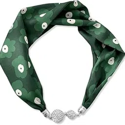 krystle Women Silk Scarf Necklace Magnetic Buckle with Rhinestone Small Neckerchief Clavicle Chain Headdress Pendant Scarf (Green flowr)-picture-22