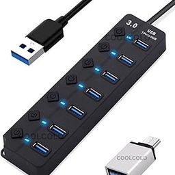 COOLCOLD USB Hub, with Type c Dongle, 7-Port USB 3.0 Hub with Individual Power Switches and Lights, 0.3m Cable, High Speed Extension Hub for PC, Laptop (Black)-image-3