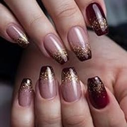 Set Of 14Pc, Press-On Short Coffin Glossy Nude Base And Maroon Ombre with Gold Glitter, Nail Extensions With Free Glue Kit-image-16