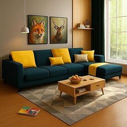 FURNY Mexica 5 Seater Fabric RHS L Shape Sofa Set (Teal)-image-88
