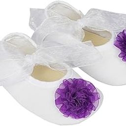 Infant New Baby Toddlers Boys and Girls Cotton White Sandal Ribbon Booties With Purple Flower Patch [RSM_42]-image-61