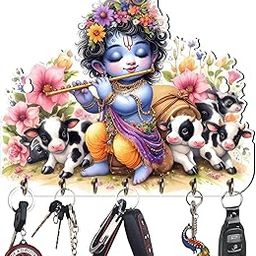 Decorative Cute Krishna Playing Flute Key Holder Wall Mount, 7 Hooks, Floral Pattern with Cows, Multicolour, 10 * 10 Inches-image-38
