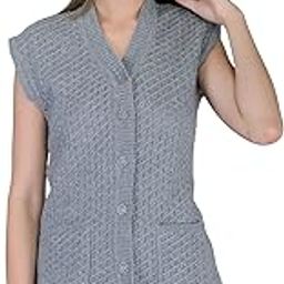 Women Woolen Cardigan Sleeveless Self Design Cardigan Daffodil Fabric Winter Wear Pure Wool Cardigan 100% Daffodil Wool Free Size Cotty Fully Warm with Front Pockets (M, Grey)-12