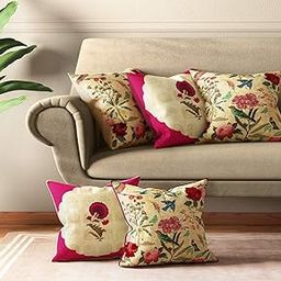India Circus by Krsnaa Mehta Poppy Bird Land Multicolor Satin Blend Cushion Pillow Covers Set of 5 (16 x 16 Inches)-image-2