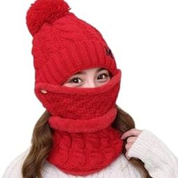 Winter Soft Warm 1 Set Snow Proof Ball Cap (Inside Fur) Woolen Beanie Cap with Scarf & Mask for Women Girl Ladies Red Color-image-14
