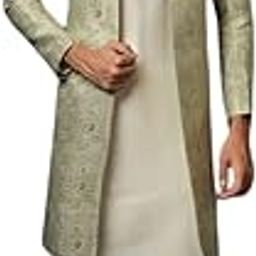 Men's Kurta Indo-Western Sherwani Trouser Set, Beige Cotton, Jacquard Regular Fit Mandarin Collar Long Sleeves-picture-23