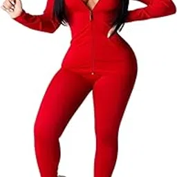 quecy Women's Polyester Regular Fit Casual Solid Hooded Zipper Pant Outfits Set of 2 (Red,S)-picture-24