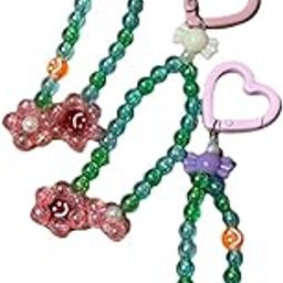 Decorative Beaded Bag Charm with Heart Clasp, Pink Flower and Green Crystal Design 1pcs-image-93
