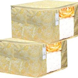 Kuber Industries Rectangular Leaf Design Non Woven Underbed Storage Bag, Blanket Cover with Transparent Window, Extra Large, Gold, CTKTC34497-2 Piece-21