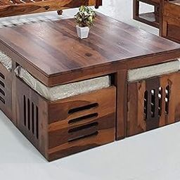 Shri Karni Handicraft Sheesham Wood Center Coffee Table Set with 4 Stools for Living Room Home Hall Solid Wood Tea Table Wooden Furniture (Provincial Teak Finish)-13