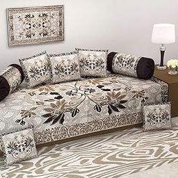 Chenille Jute Fabric 500 TC Floral Design Diwan Bedsheet 5 Cushion Covers and 2 Bolster Covers for Living Room (Multicolour 2), Set of 8 Pieces-13