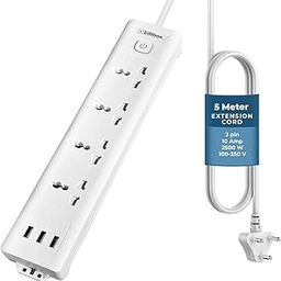 Embox 5 Meter Extension Board with USB & Master Switch-6A Spike Guard with 4 Universal Sockets 3 USB Ports Safety Shutter LED Indicator-2500W-12