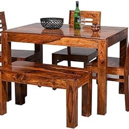 Ramdoot Furniture Solid Sheesham Wood Dining Table Set 4 Seater | Four Seater Dining Table 4 Seater with 3 Chairs & 1 Bench for Living Room | 4 Seater Dining Set for Hotel and Restaurant | Honey-image-57