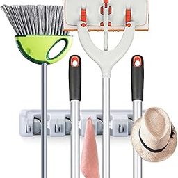 The Creative India Broom Holder 4 Position Wall Rack Organizer for Mops Brooms and Long Handled Items Grey Color-26