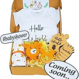 The Baby First Box New Born Newborn Bundle: Onesie, Muslin Swaddle, Crochet Rattle, Teething Ring, And Baby Announcement Plaque|Baby Shower Gifts|Baby Gift Hamper|Pack Of 5,Yellow-image-99