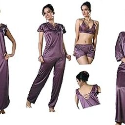 Women Satin Night Set 6pc Contains - Bra Boy Shorts Top Pajama Nighty & Over Coat (1703E) Purple-image-6